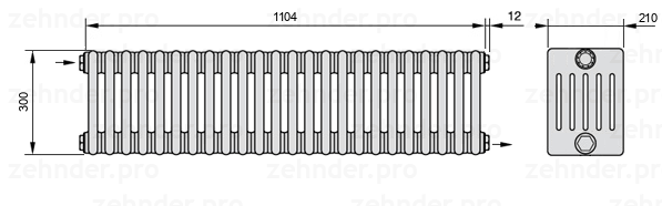 Схема (чертеж) Радиатор Zehnder Charleston 6030/24 №1670 Белый глянцевый RAL 9016
